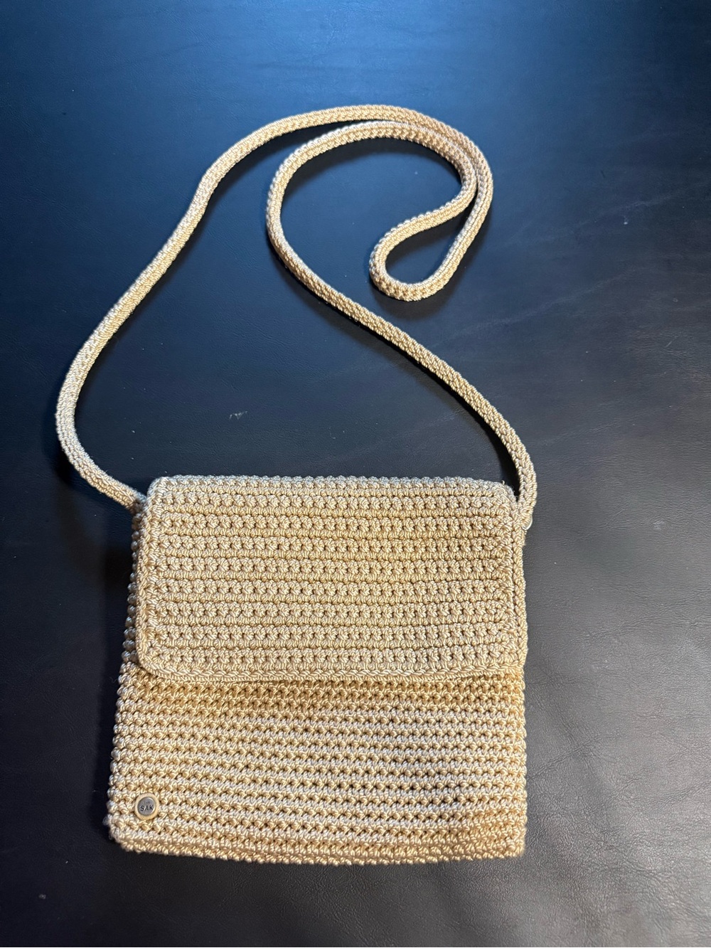 Authentic 90’s The Sak Beige Crochet Knit Crossbody Bag with Striped Lining